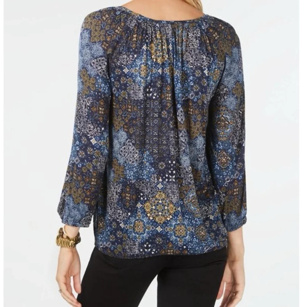 MICHAEL KORS Womens Blue Paisley 3/4 Sleeve Scoop Neck Top medium - Picture 2 of 10